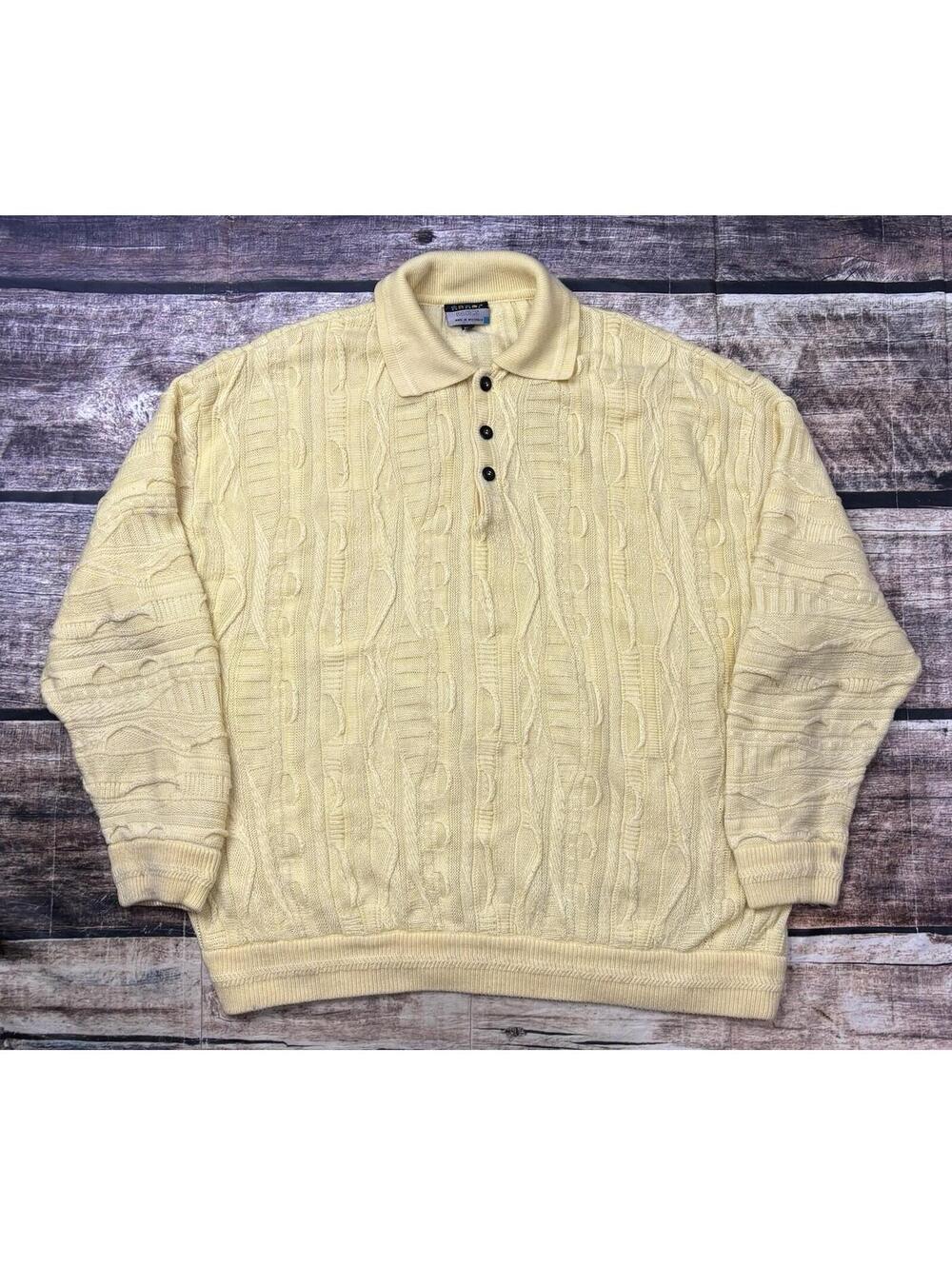 Coogi Polo Sweater Mens 2XL Wool 3D Knit Biggie Yellow Pullover VTG 90s